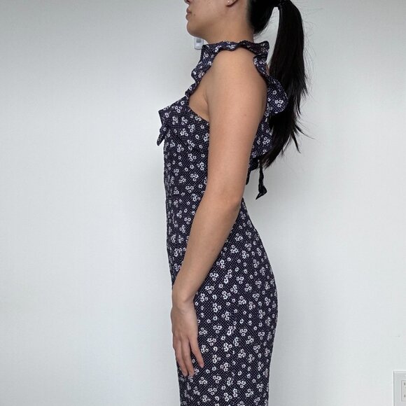 Jumpsuit One piece Summer Navy blue outfit with flower patterns and ruffles - Picture 8 of 12